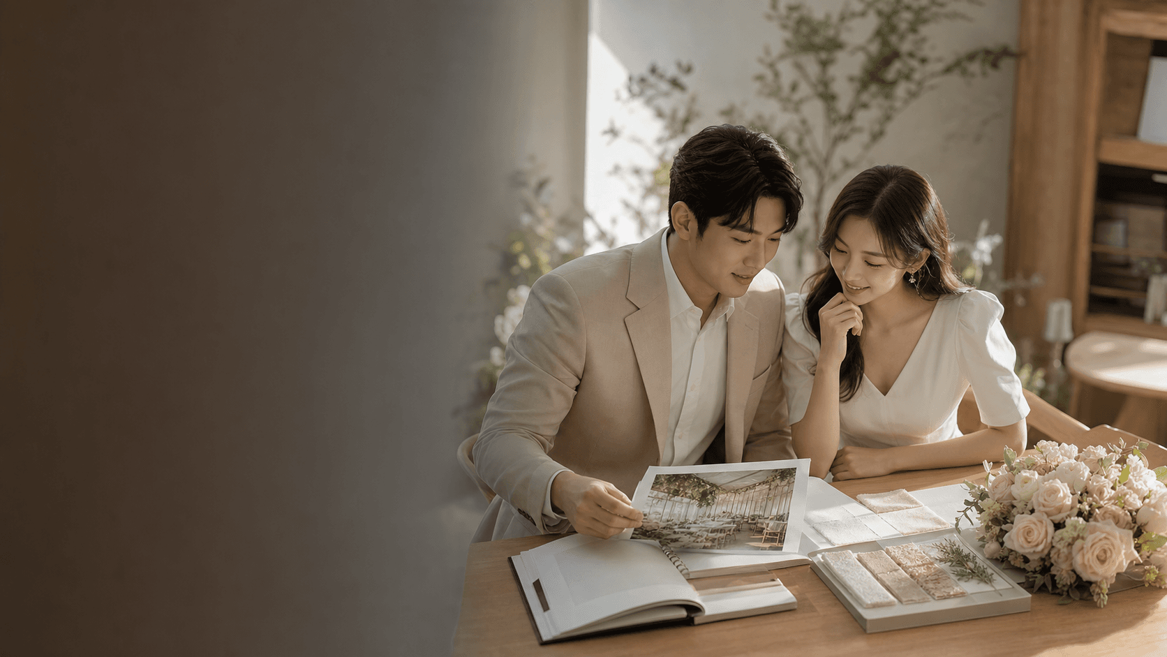 웨딩 상담 자료와 견본을 함께 살펴보는 예비부부